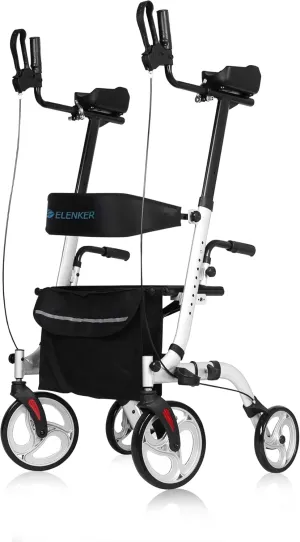 ELENKER Upright Walker, Stand Up Folding Rollator Walker Back Erect Rolling Mobility Walking Aid with Seat, Padded Armrests for Seniors and Adults, White