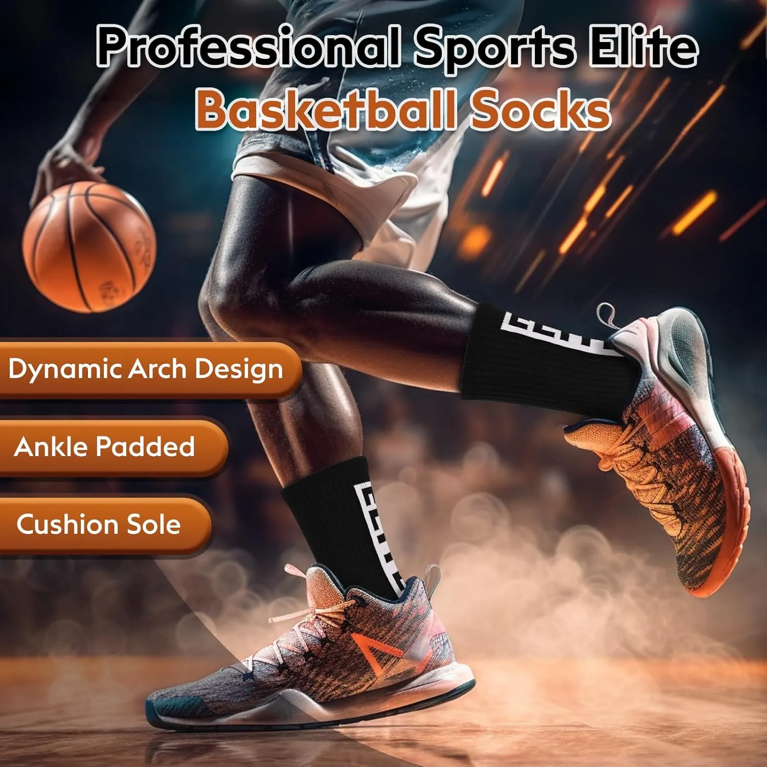 Elite Basketball Socks, Cushioned Athletic Sports Crew Socks for Youth Adult