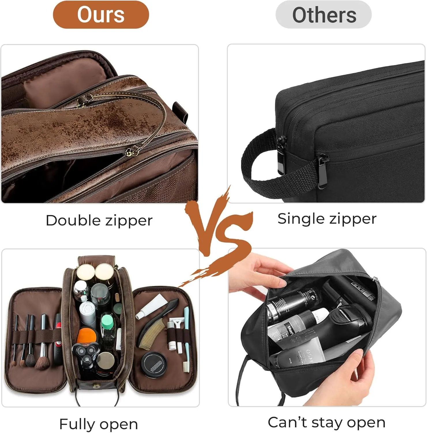 Elviros Toiletry Bag for Men, Large Travel Shaving Dopp Kit Water-resistant Bathroom Toiletries Organizer PU Leather Cosmetic Bags Fathers Day Gift (Medium, Chocolate)