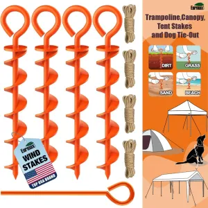 Eurmax USA Canopy Tent Stakes Dog Tie Out Stakes Corkscrew Shape Steel Trampoline Stakes with Iron Rod Installation Tool & 4 Wind Ropes - Set of 4 (Orange)