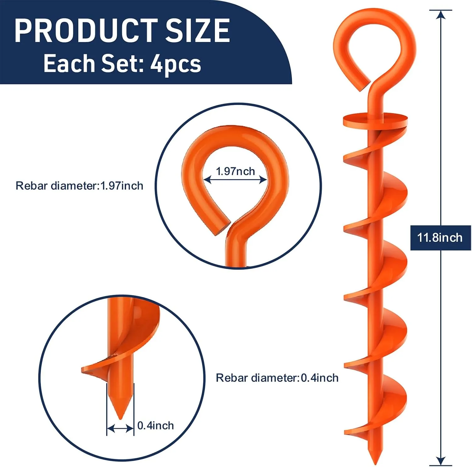 Eurmax USA Canopy Tent Stakes Dog Tie Out Stakes Corkscrew Shape Steel Trampoline Stakes with Iron Rod Installation Tool & 4 Wind Ropes - Set of 4 (Orange)