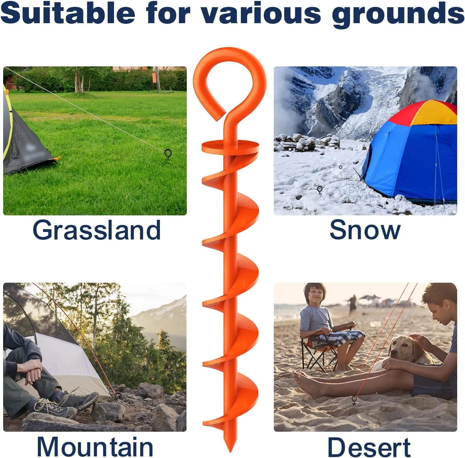 Eurmax USA Canopy Tent Stakes Dog Tie Out Stakes Corkscrew Shape Steel Trampoline Stakes with Iron Rod Installation Tool & 4 Wind Ropes - Set of 4 (Orange)