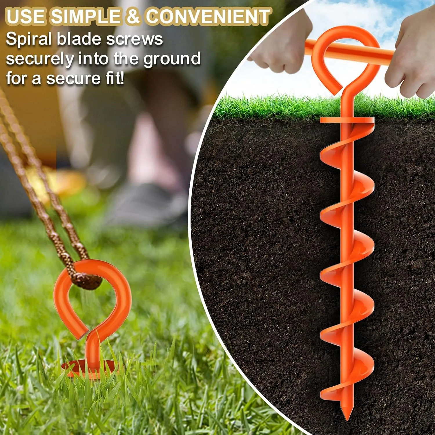 Eurmax USA Canopy Tent Stakes Dog Tie Out Stakes Corkscrew Shape Steel Trampoline Stakes with Iron Rod Installation Tool & 4 Wind Ropes - Set of 4 (Orange)