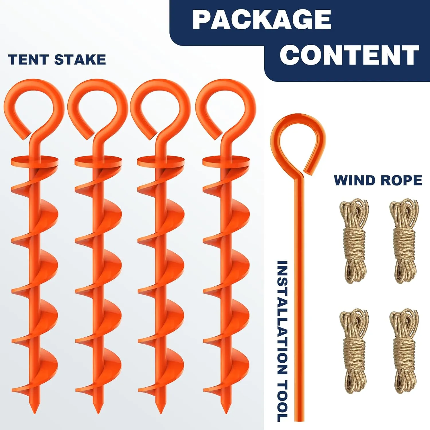 Eurmax USA Canopy Tent Stakes Dog Tie Out Stakes Corkscrew Shape Steel Trampoline Stakes with Iron Rod Installation Tool & 4 Wind Ropes - Set of 4 (Orange)