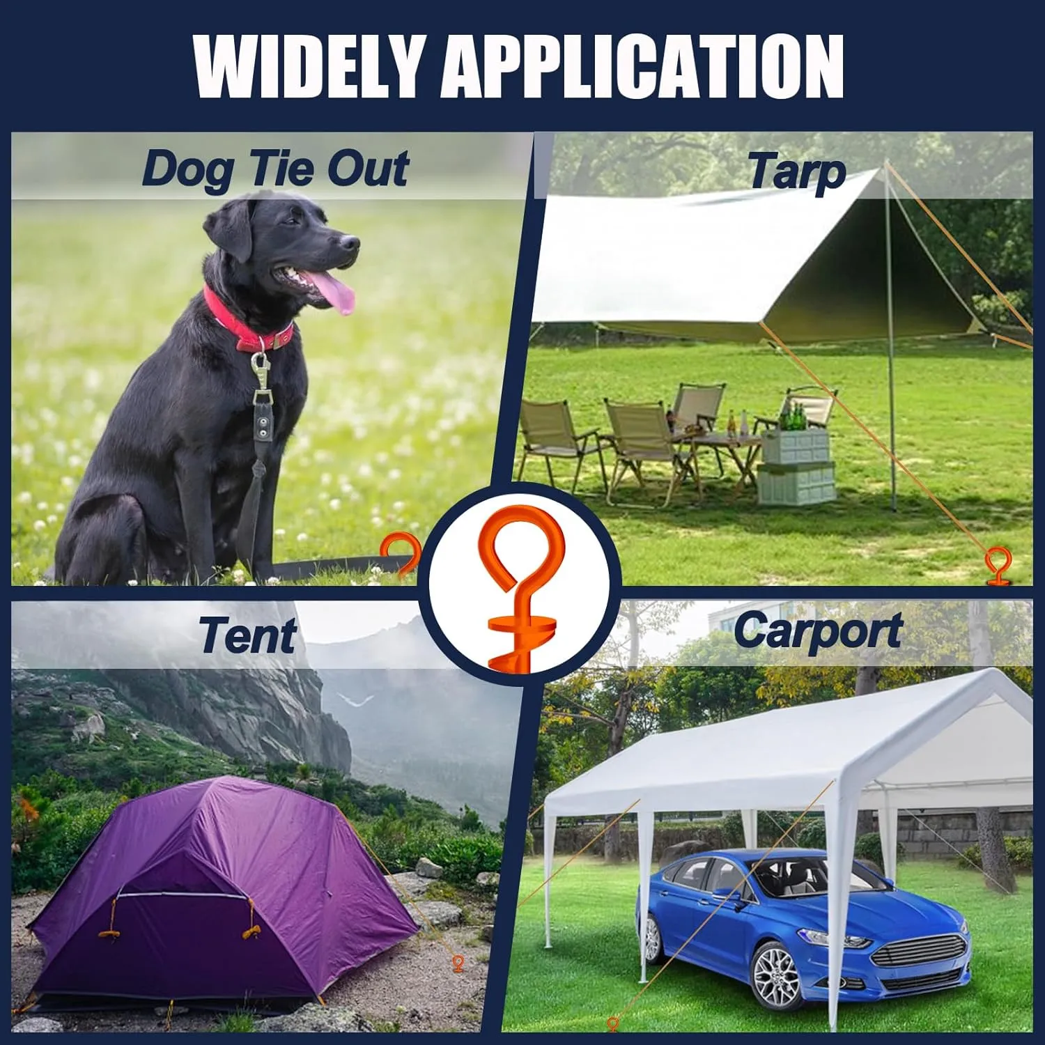 Eurmax USA Canopy Tent Stakes Dog Tie Out Stakes Corkscrew Shape Steel Trampoline Stakes with Iron Rod Installation Tool & 4 Wind Ropes - Set of 4 (Orange)