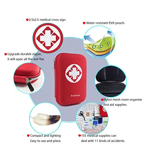 Evantek First Aid Kit Medical Med - 155 Pcs Kit Waterproof Emergency Kit for Camping Hiking Home Outdoor Truck Vehicle Car Fishing Travel Biking