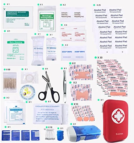 Evantek First Aid Kit Medical Med - 155 Pcs Kit Waterproof Emergency Kit for Camping Hiking Home Outdoor Truck Vehicle Car Fishing Travel Biking