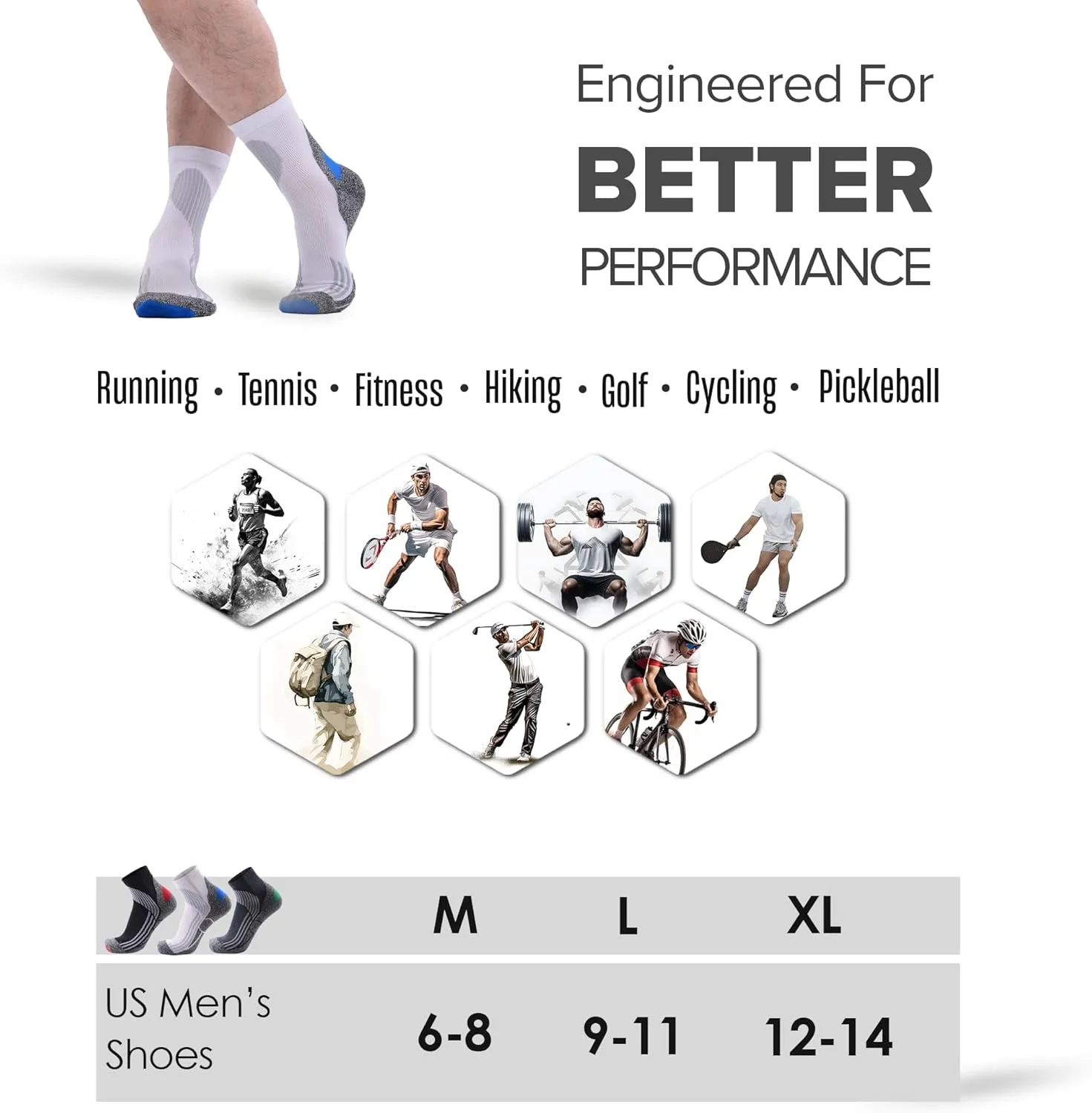 Extra Cushion Compression Socks Men, Coolmax Anti-Blister Wicking Padded Heel, Quarter Socks for Tennis Golf Hiking Work