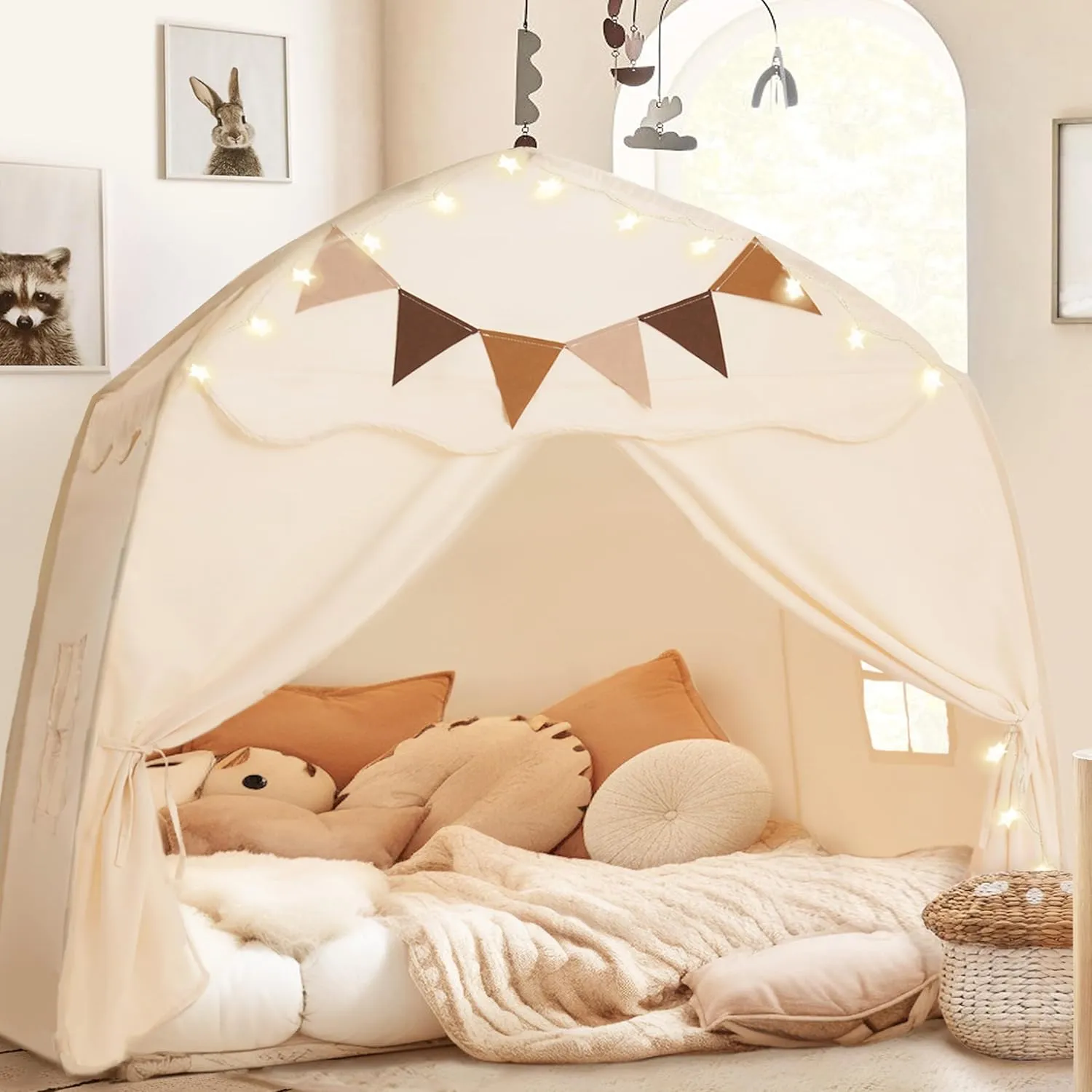 Extra Large Kids Play Tent with Flags & Star Lights, Portable & Foldable Teepee, Boys & Girls, Indoor Outdoor Dome Tent Playhouse, 59x39x59 in, Cream