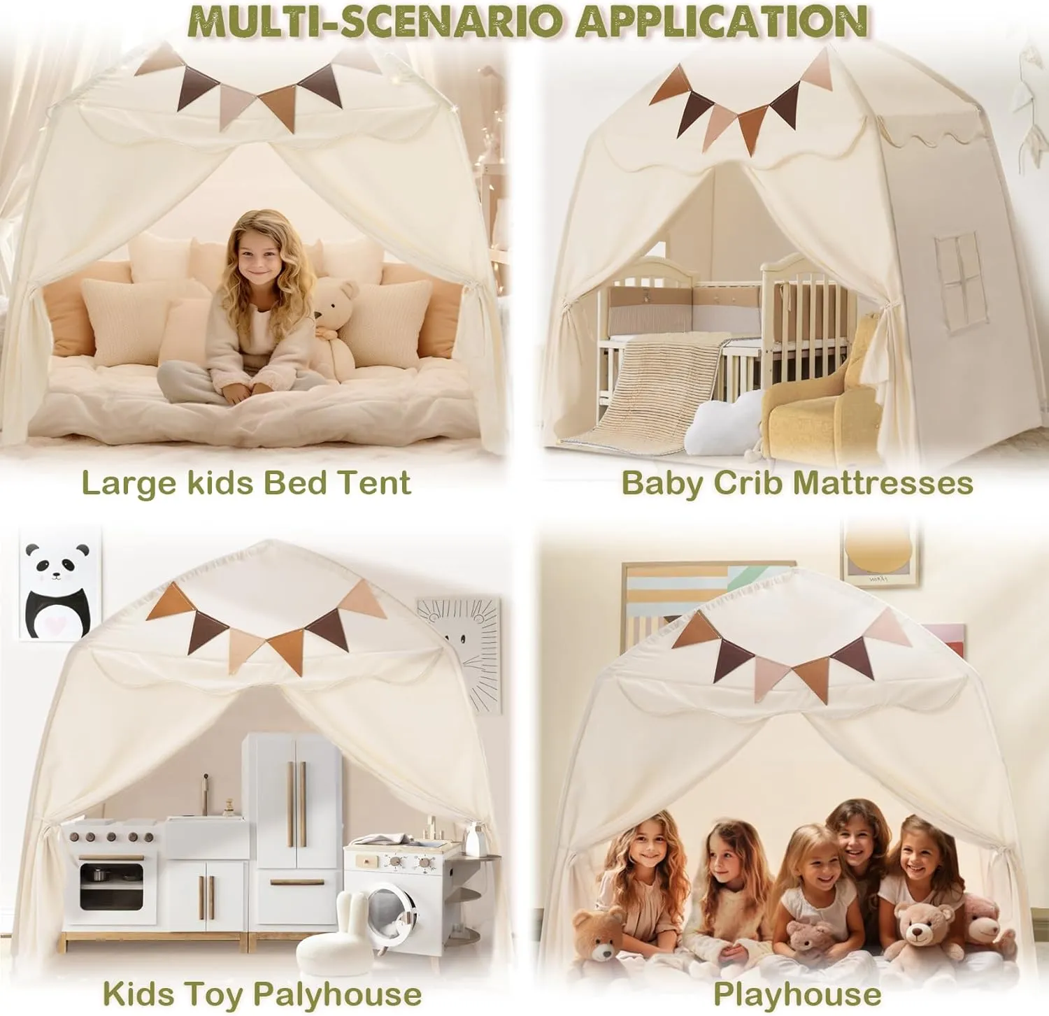 Extra Large Kids Play Tent with Flags & Star Lights, Portable & Foldable Teepee, Boys & Girls, Indoor Outdoor Dome Tent Playhouse, 59x39x59 in, Cream