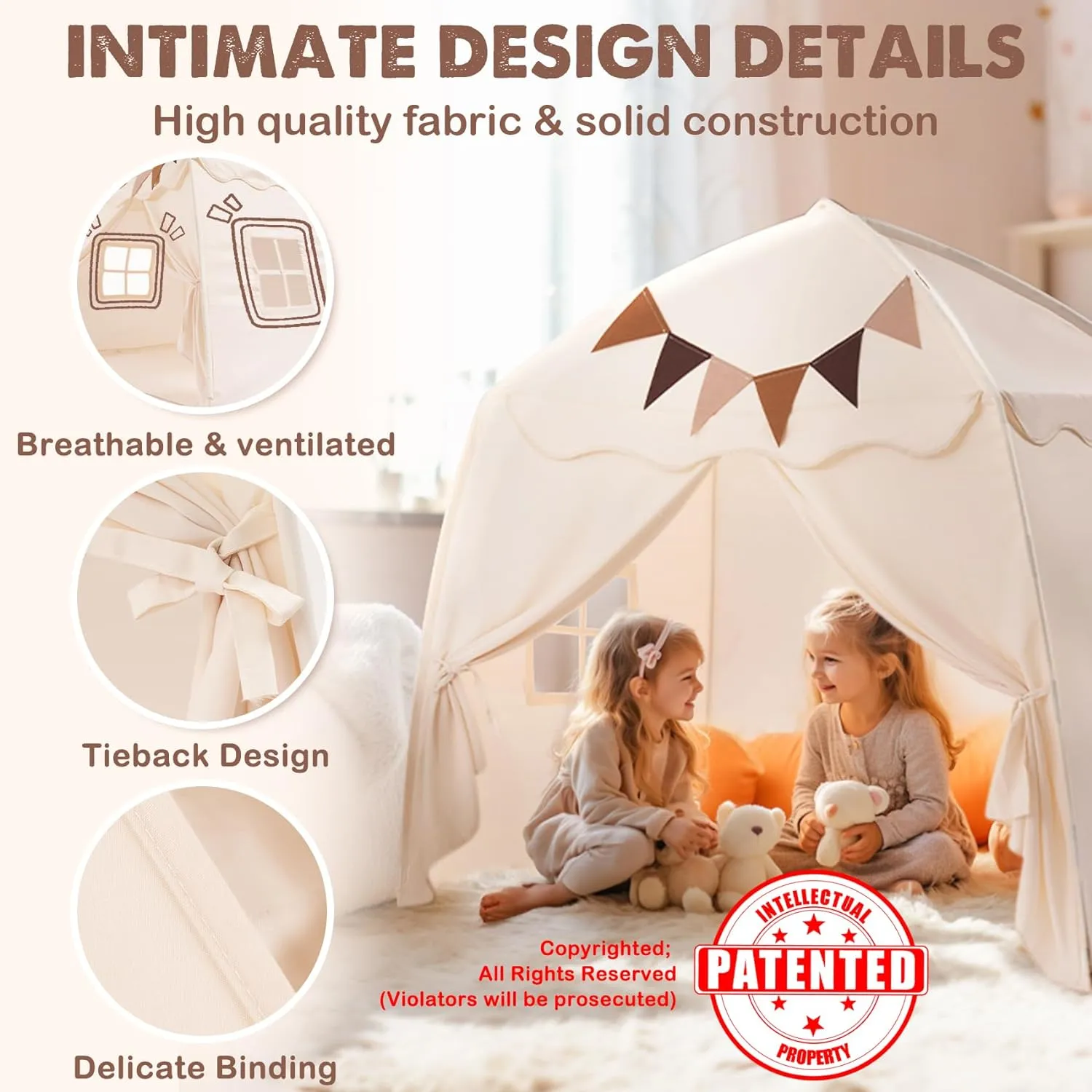 Extra Large Kids Play Tent with Flags & Star Lights, Portable & Foldable Teepee, Boys & Girls, Indoor Outdoor Dome Tent Playhouse, 59x39x59 in, Cream