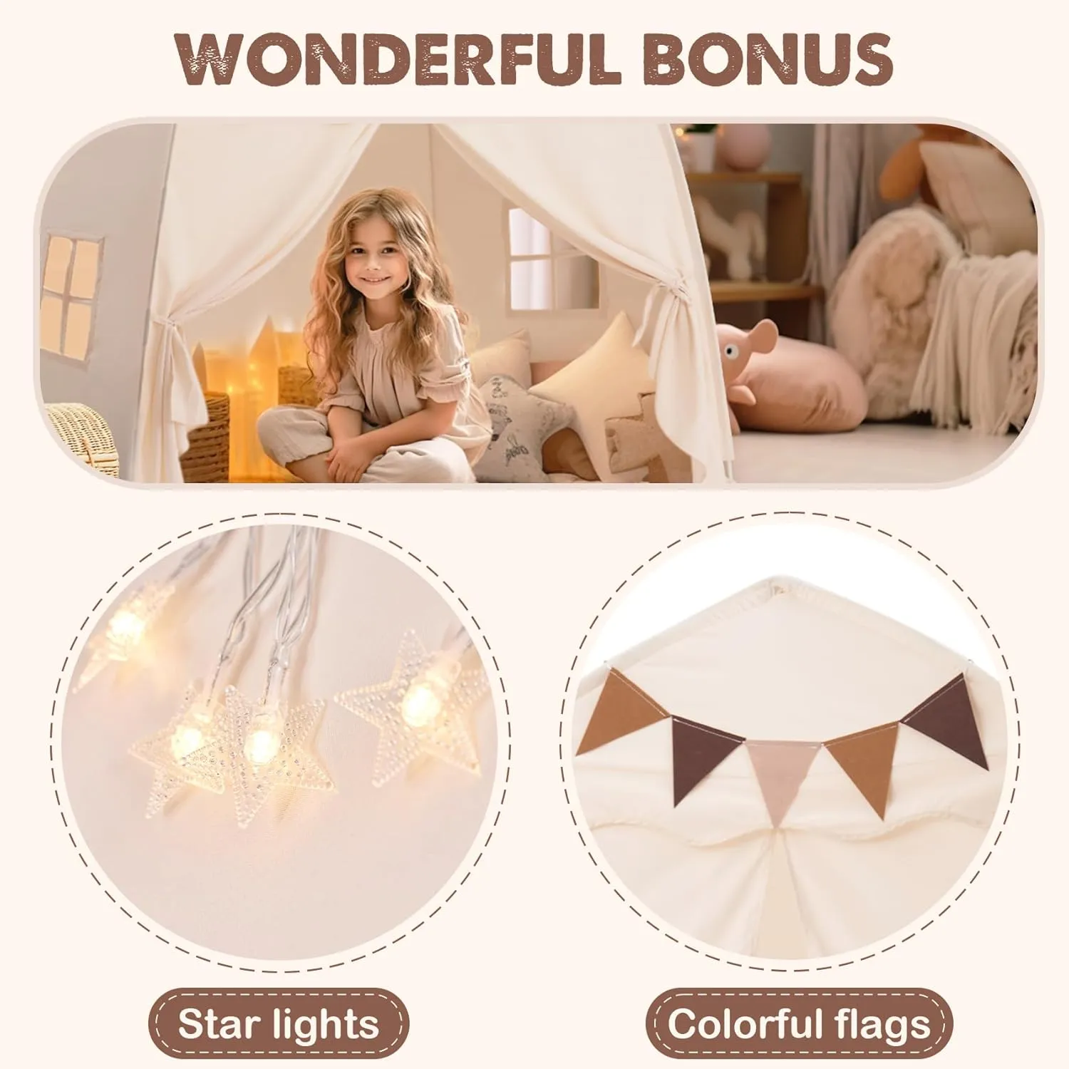Extra Large Kids Play Tent with Flags & Star Lights, Portable & Foldable Teepee, Boys & Girls, Indoor Outdoor Dome Tent Playhouse, 59x39x59 in, Cream