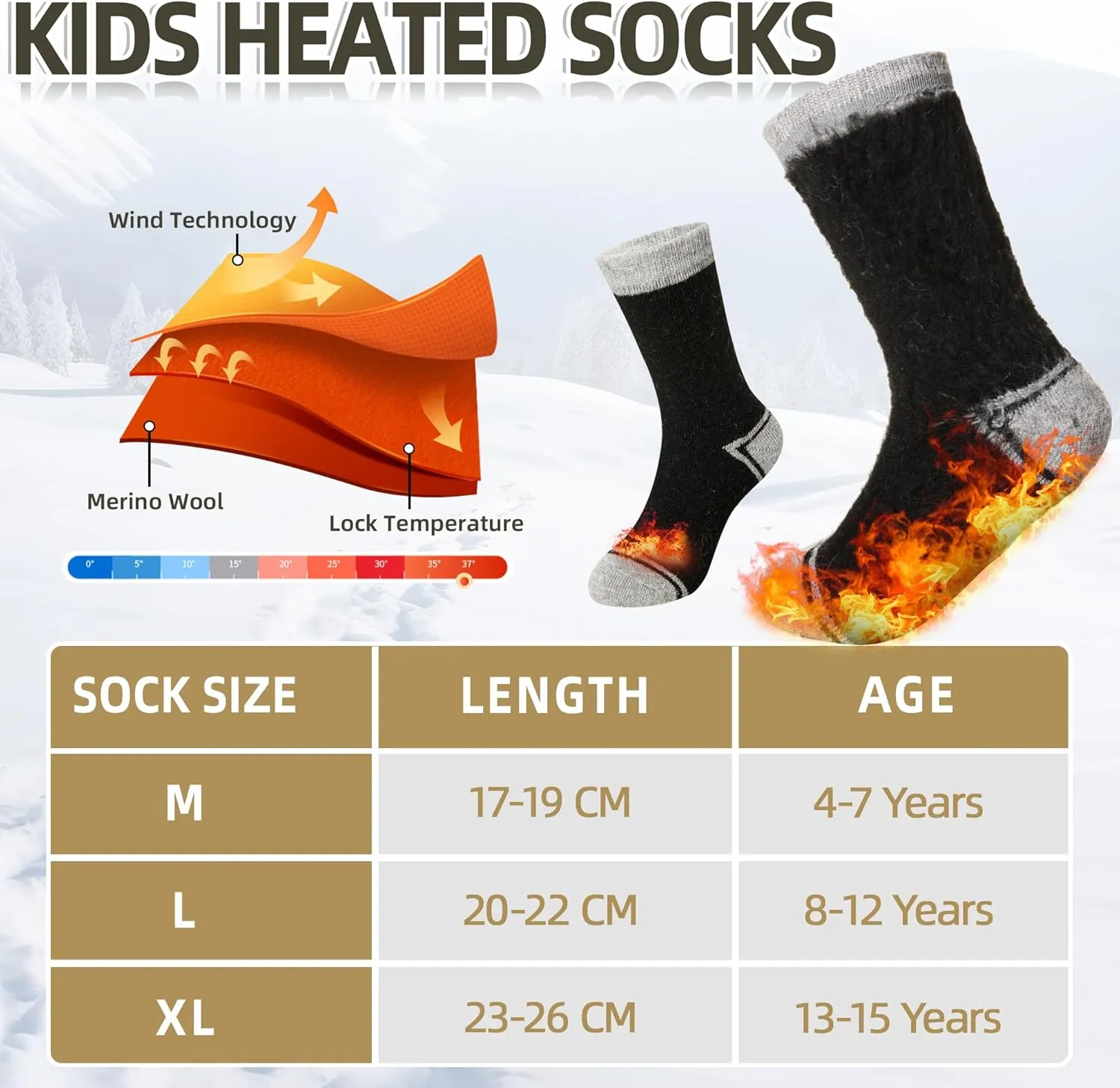 Eyean Kids Wool Heated Hiking Socks Thick Warm Thermal Soft Winter Snowboarding Boy Girls Insulated Socks 4 Pairs