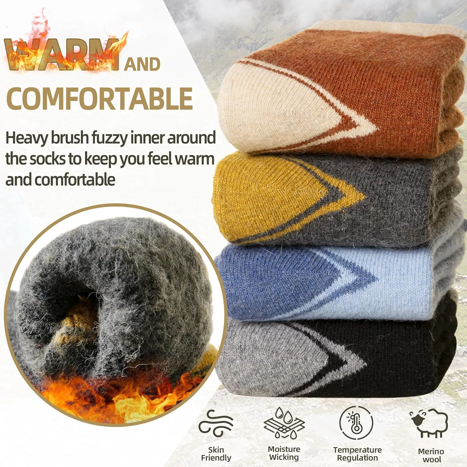 Eyean Kids Wool Heated Hiking Socks Thick Warm Thermal Soft Winter Snowboarding Boy Girls Insulated Socks 4 Pairs