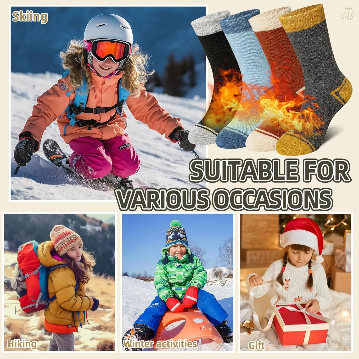 Eyean Kids Wool Heated Hiking Socks Thick Warm Thermal Soft Winter Snowboarding Boy Girls Insulated Socks 4 Pairs