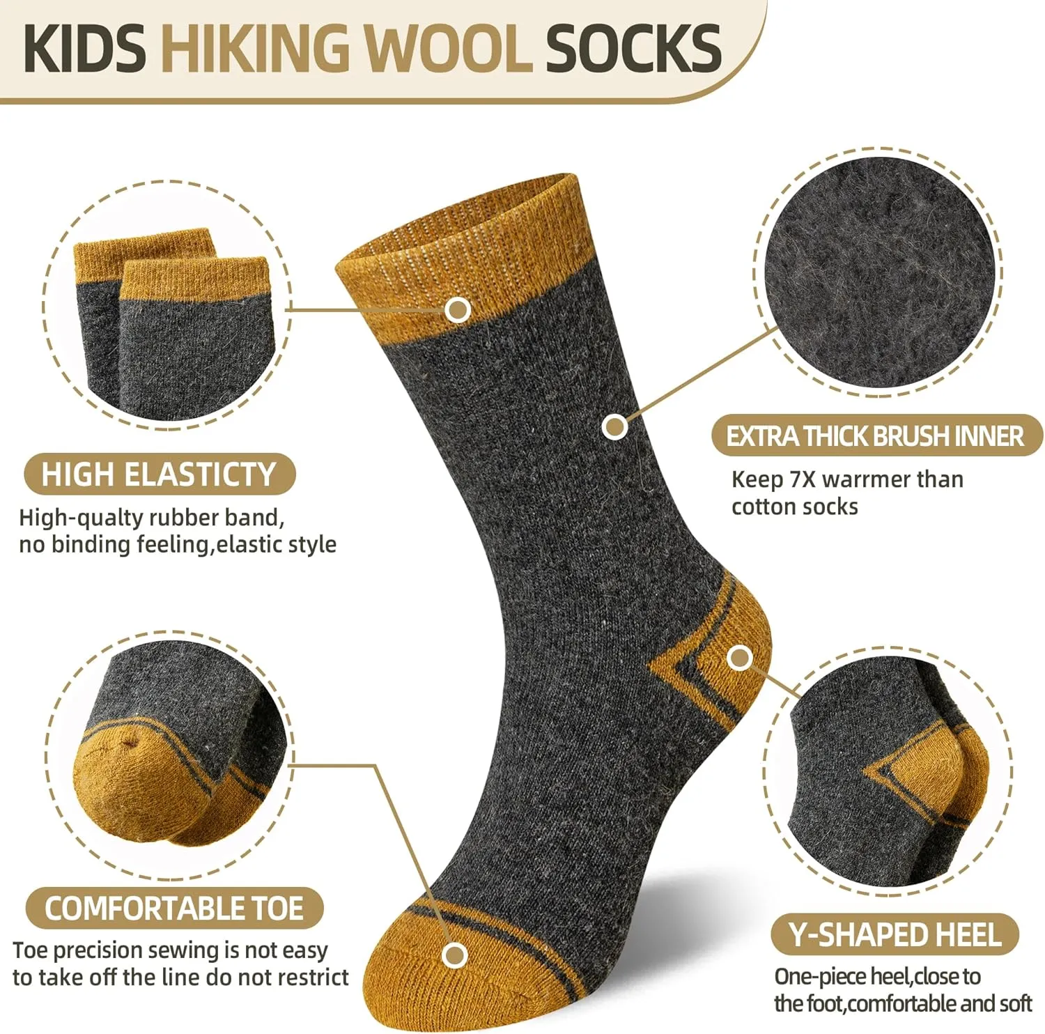 Eyean Kids Wool Heated Hiking Socks Thick Warm Thermal Soft Winter Snowboarding Boy Girls Insulated Socks 4 Pairs