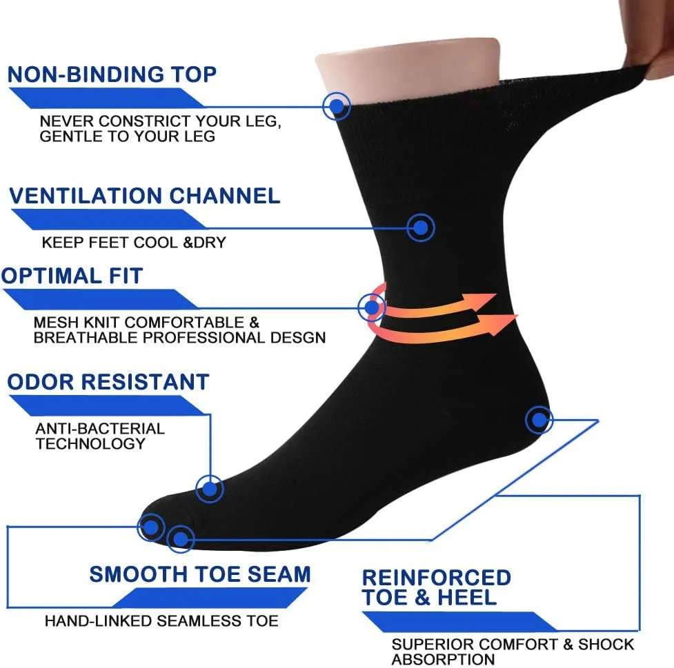 Facool Crew Diabetic Socks, Men Moisture Wicking No Blister Anti Skid Cotton Cushioned Seamless Toe Non Binding Loose Soft Neuropathy Diabetes Socks, 6 Pairs Black X-Large