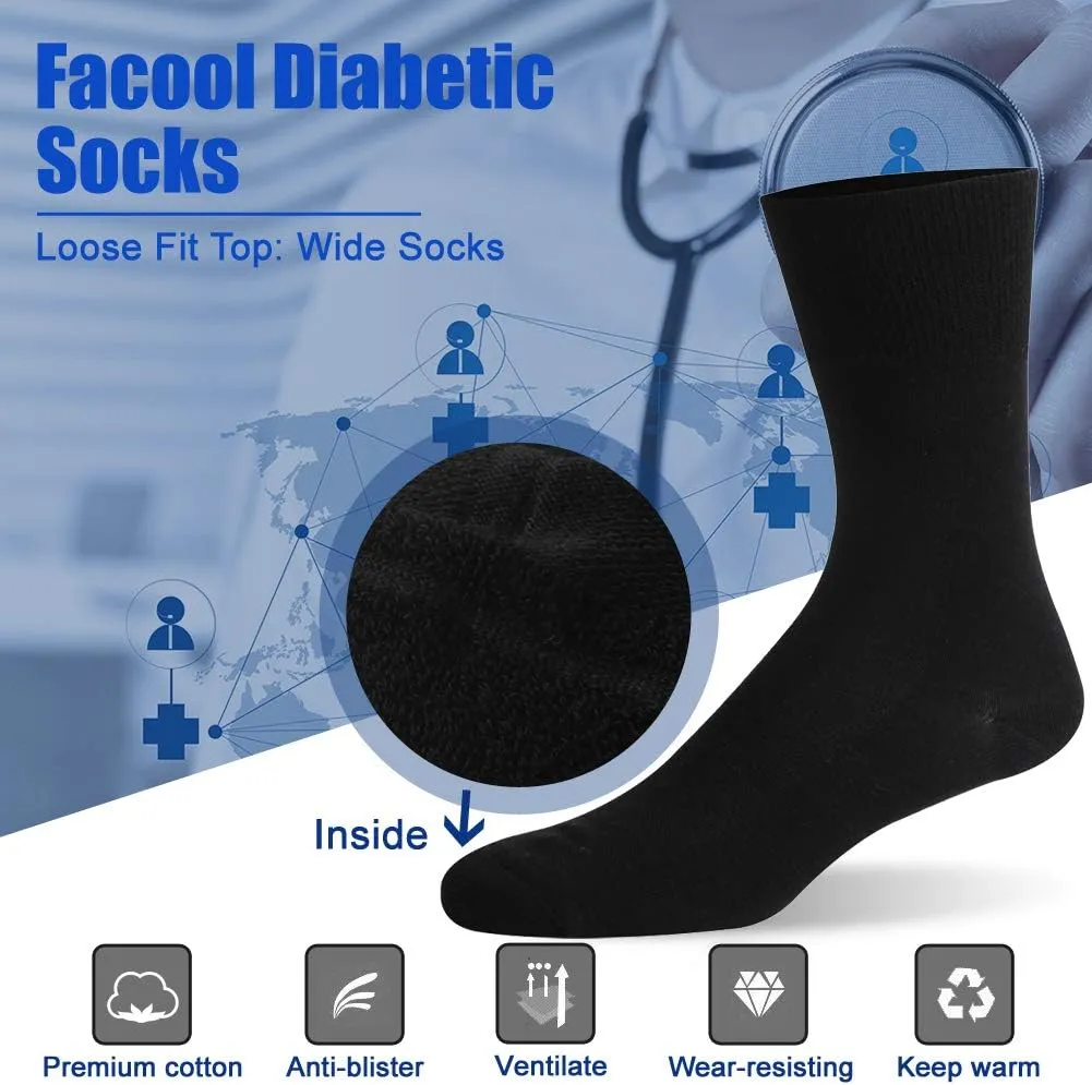 Facool Crew Diabetic Socks, Men Moisture Wicking No Blister Anti Skid Cotton Cushioned Seamless Toe Non Binding Loose Soft Neuropathy Diabetes Socks, 6 Pairs Black X-Large