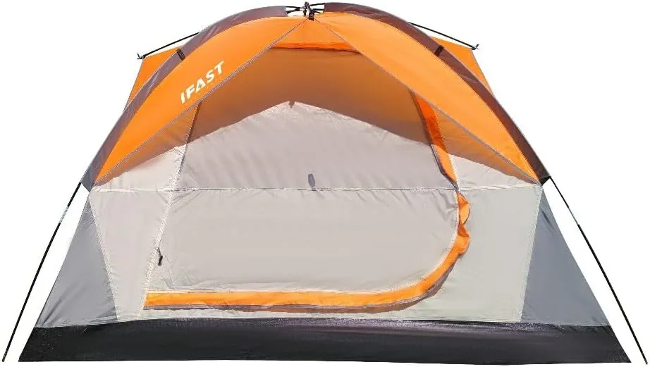 Family Camping Tents, Outdoor Double Layers Waterproof Windproof with Top Roof Rainproof and Large Mesh Windows Portable Easy Set Up Camping Gear with Carry Bag for All Seasons, Orange