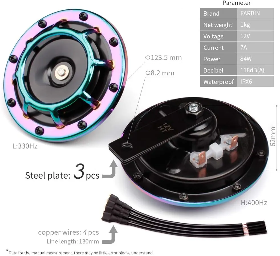 FARBIN Waterproof Car Horn Loud Super tone High Tone/Low Tone Metal Twin Horns Kit with Protective Grill (blue horn with harness and bracket)
