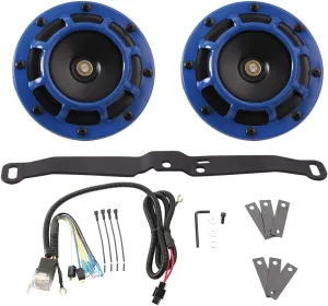 FARBIN Waterproof Car Horn Loud Super tone High Tone/Low Tone Metal Twin Horns Kit with Protective Grill (blue horn with harness and bracket)
