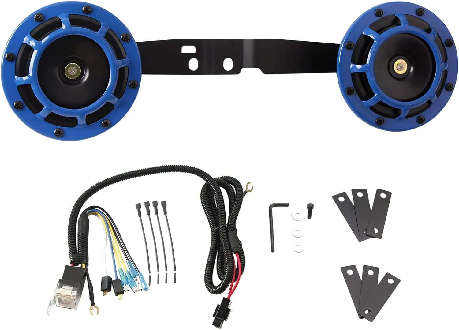 FARBIN Waterproof Car Horn Loud Super tone High Tone/Low Tone Metal Twin Horns Kit with Protective Grill (blue horn with harness and bracket)