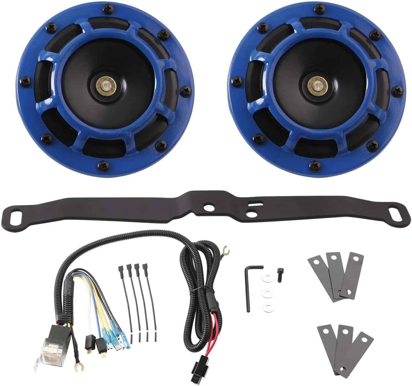 FARBIN Waterproof Car Horn Loud Super tone High Tone/Low Tone Metal Twin Horns Kit with Protective Grill (blue horn with harness and bracket)