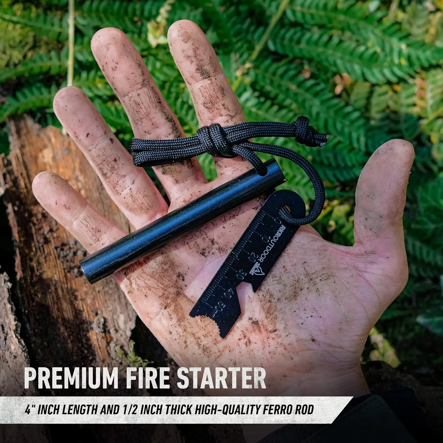 Ferro Rod Flint Fire Starter Kit   Tinder Wick Bellow with Sliding Box - 4" Length 1/2” Thick Ferro Rod with Multi-Tool Striker and Paracord Lanyard   Hemp Wick with Bellow   Sliding Box