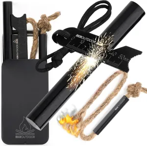 Ferro Rod Flint Fire Starter Kit   Tinder Wick Bellow with Sliding Box - 4" Length 1/2” Thick Ferro Rod with Multi-Tool Striker and Paracord Lanyard   Hemp Wick with Bellow   Sliding Box