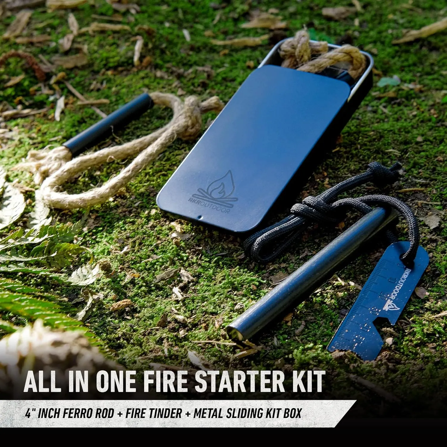 Ferro Rod Flint Fire Starter Kit   Tinder Wick Bellow with Sliding Box - 4" Length 1/2” Thick Ferro Rod with Multi-Tool Striker and Paracord Lanyard   Hemp Wick with Bellow   Sliding Box