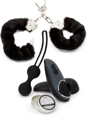 Fifty Shades of Grey Desire Blooms Kit with Womanizer Liberty, Kegel Balls & Pleasure Balm and Black Fluffy Faux Fur Metal Handcuffs - Couples Sex Toys Bundle