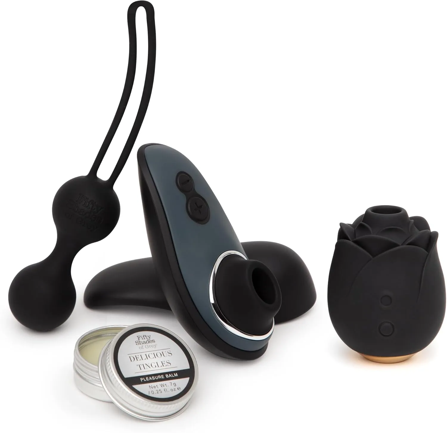 Fifty Shades of Grey Desire Blooms Kit with Womanizer Liberty, Kegel Balls & Pleasure Balm and Black Rose Toy Pleasure Air Clitoris Sucker - Couples Sex Toys Bundle
