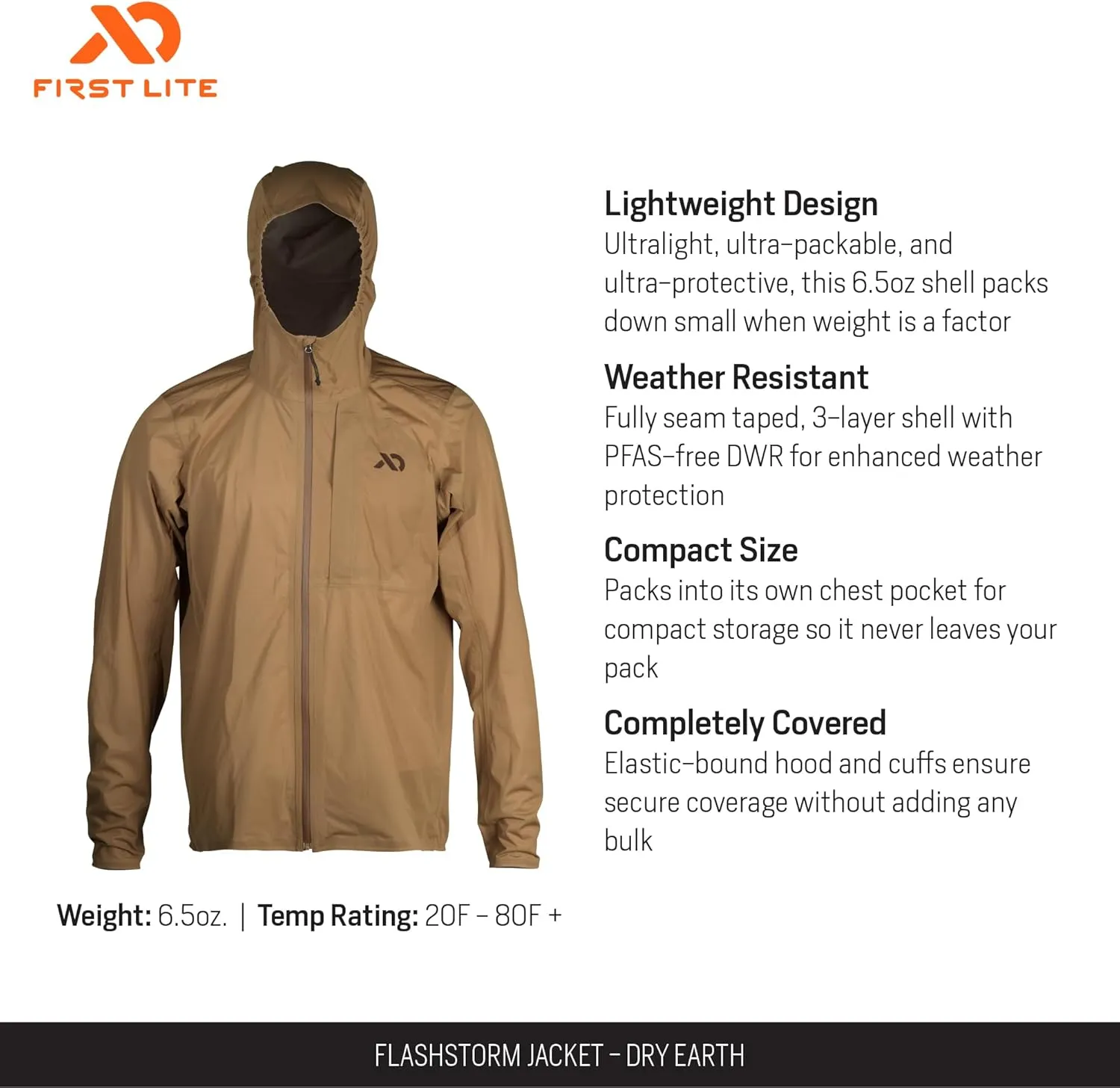 First Lite Men’s FlashStorm Jacket - 3-Layer Ultralight Waterproof Rain Coat for Hunting & Fishing