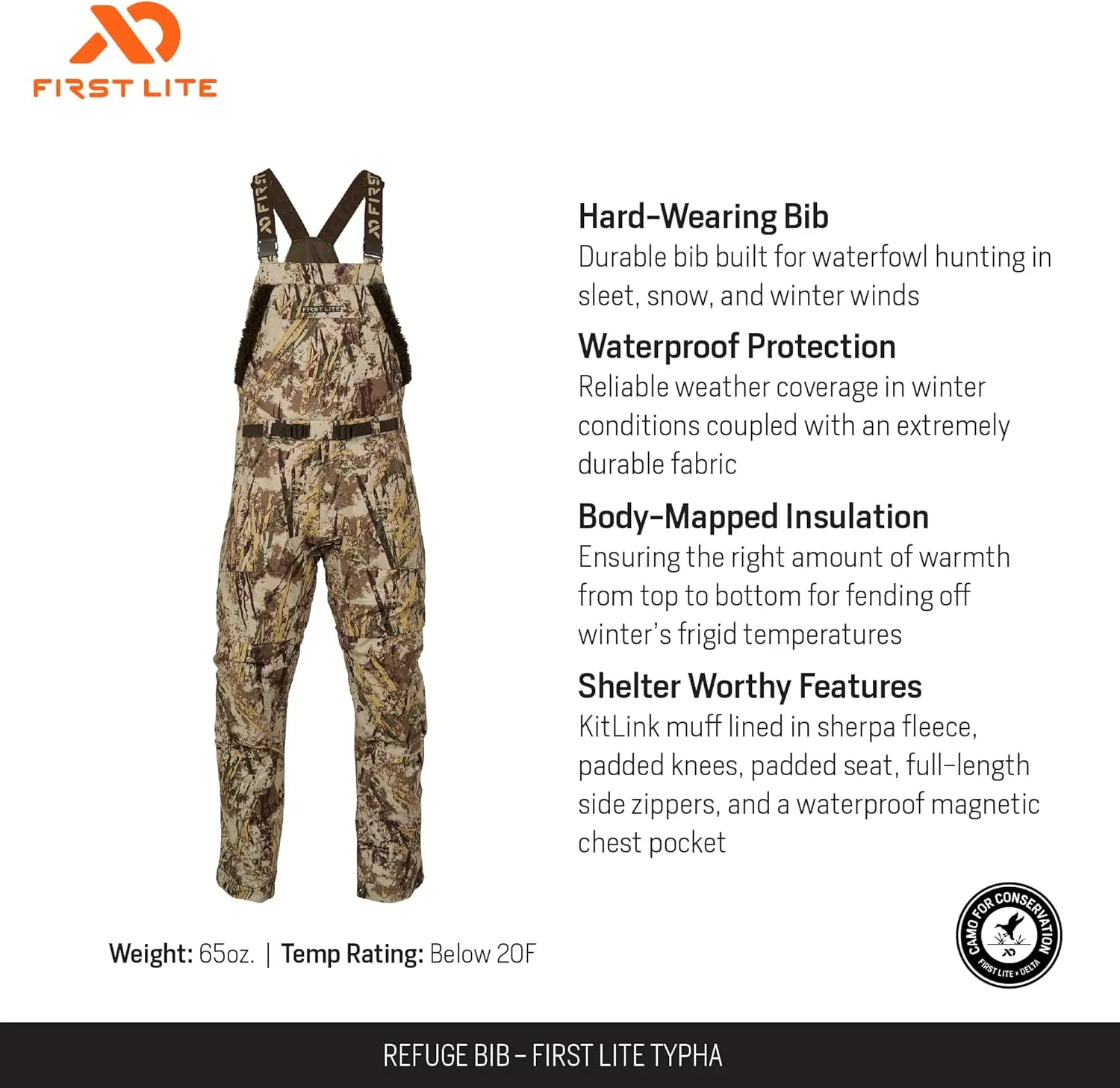 First Lite Men's Refuge Bib Pant - Waterproof Windproof Insulated Camo Duck Hunting Bibs