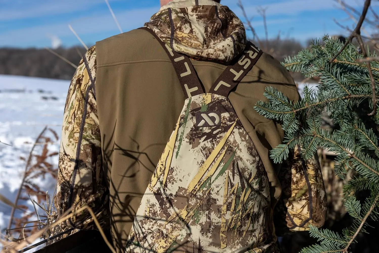 First Lite Men's Refuge Bib Pant - Waterproof Windproof Insulated Camo Duck Hunting Bibs