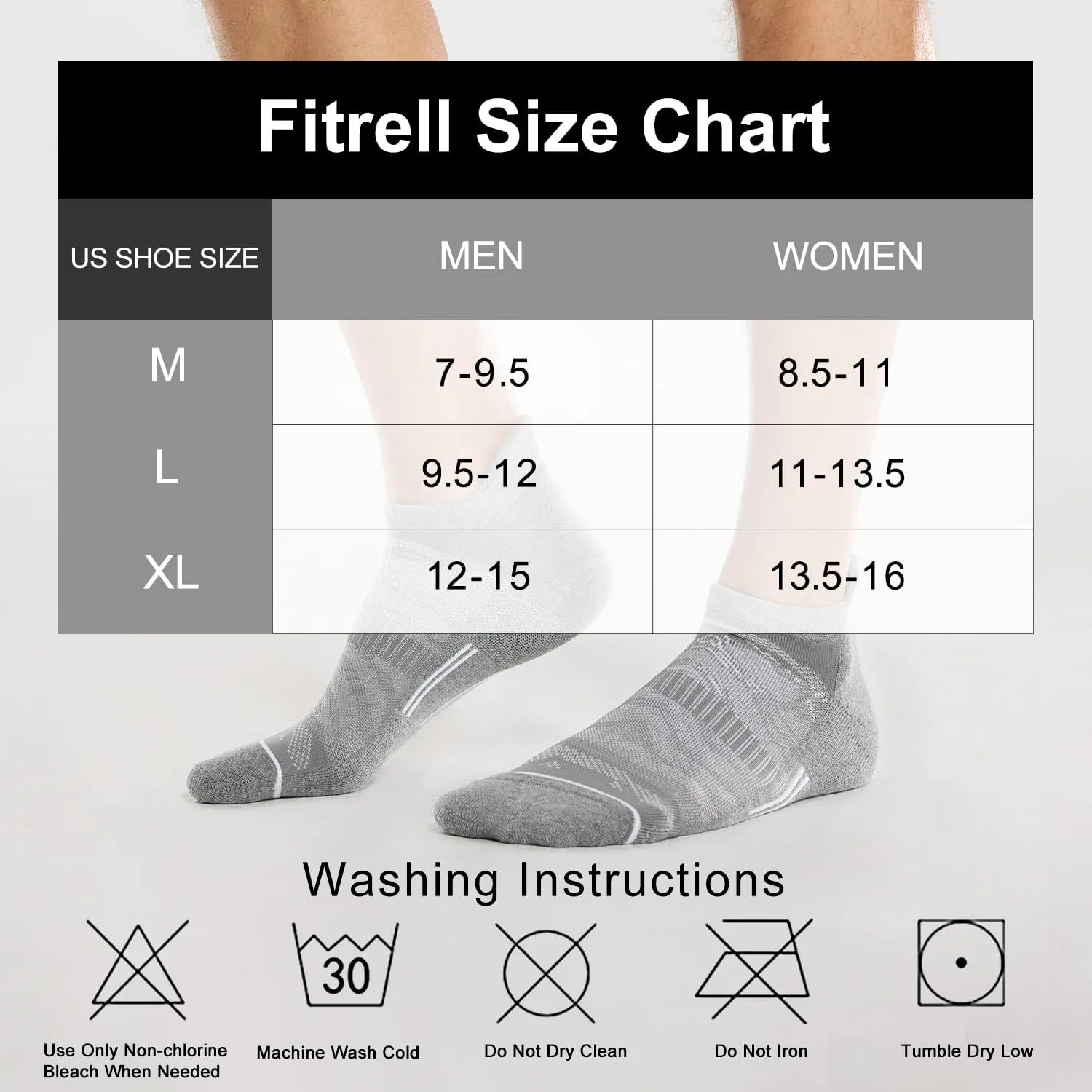 FITRELL 6 Pack Men's Ankle Running Socks Low Cut Cushioned Athletic Sports Socks 7-9/9-12/12-15
