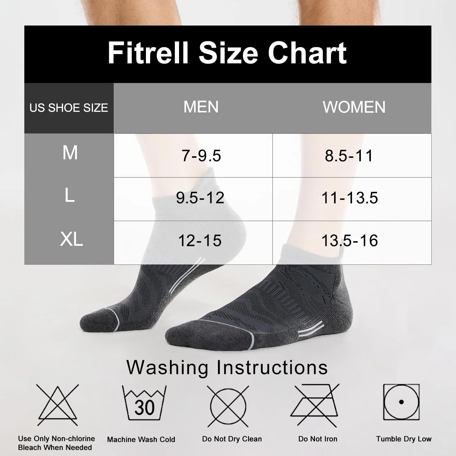 FITRELL 6 Pack Men's Ankle Running Socks Low Cut Cushioned Athletic Sports Socks 7-9/9-12/12-15
