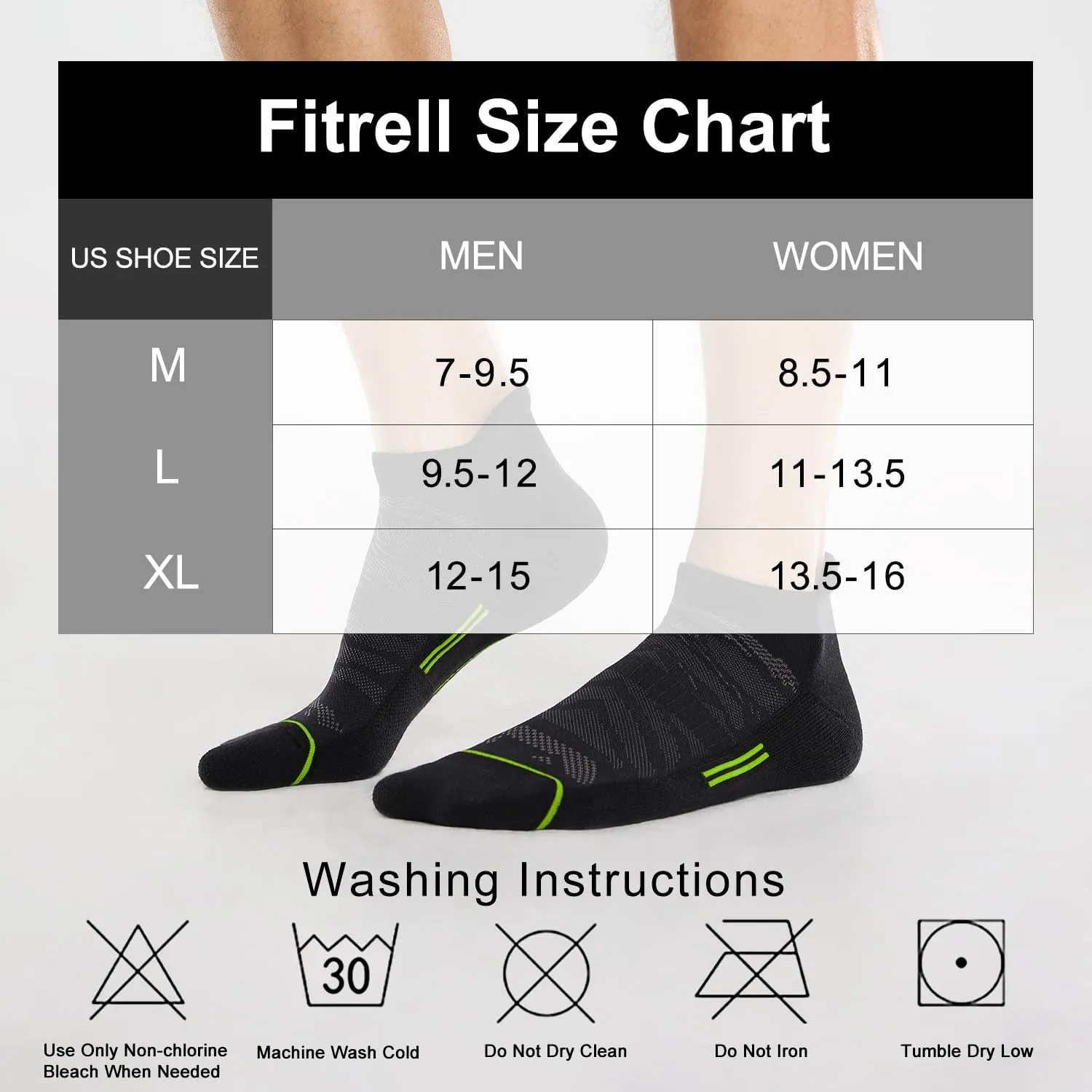 FITRELL 6 Pack Men's Ankle Running Socks Low Cut Cushioned Athletic Sports Socks 7-9/9-12/12-15