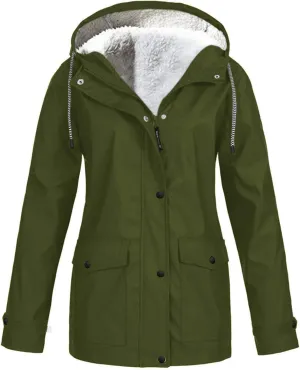 Fleece Lined Raincoat For Women Waterproof with Hood Plus Size Solid Color Winter Warm Rain Jacket Hiking Snow Coat