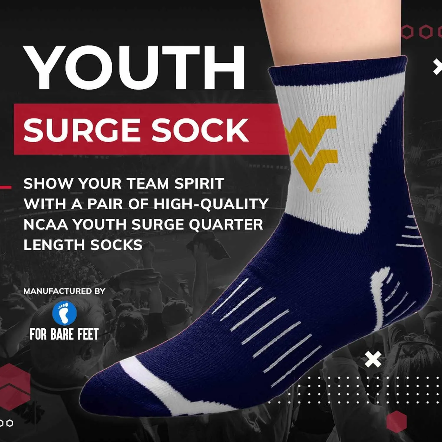 For Bare Feet NCAA Youth Surge Team Mascot Quarter Socks - All Weather Performance - Girls & Boys - Enhance your Footwear