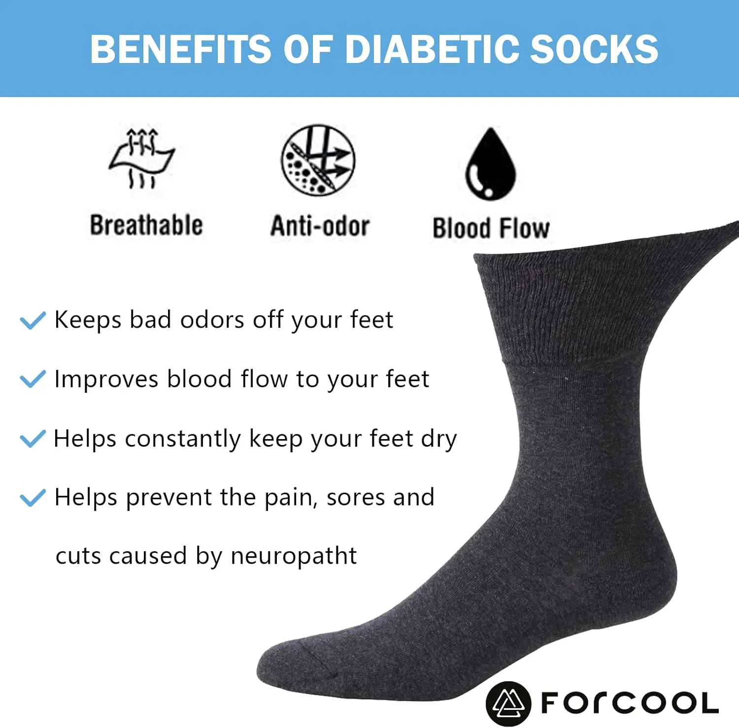Forcool Non-Binding Cushion Crew Cotton Diabetic Socks for Men and Women, M/L/XL, 3/6 Pairs