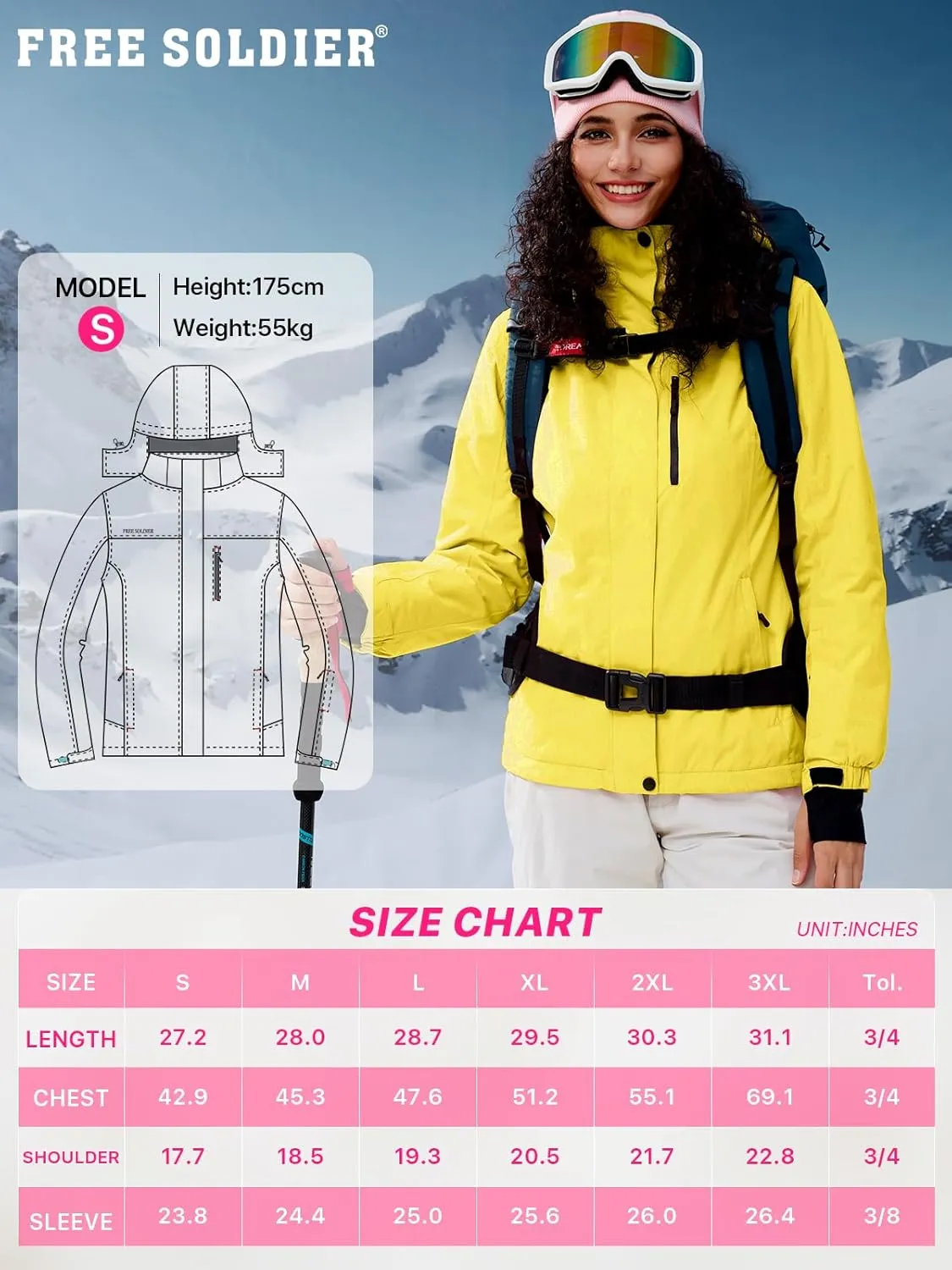 FREE SOLDIER Women's Waterproof Ski Snow Jacket Fleece Lined Warm Winter Rain Jacket with Hood Fully Taped Seams