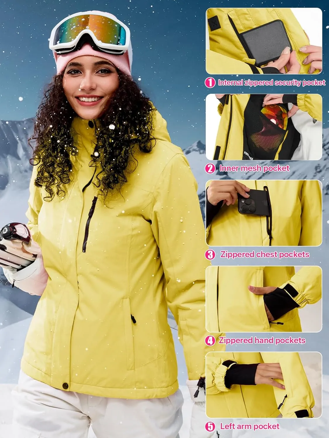 FREE SOLDIER Women's Waterproof Ski Snow Jacket Fleece Lined Warm Winter Rain Jacket with Hood Fully Taped Seams