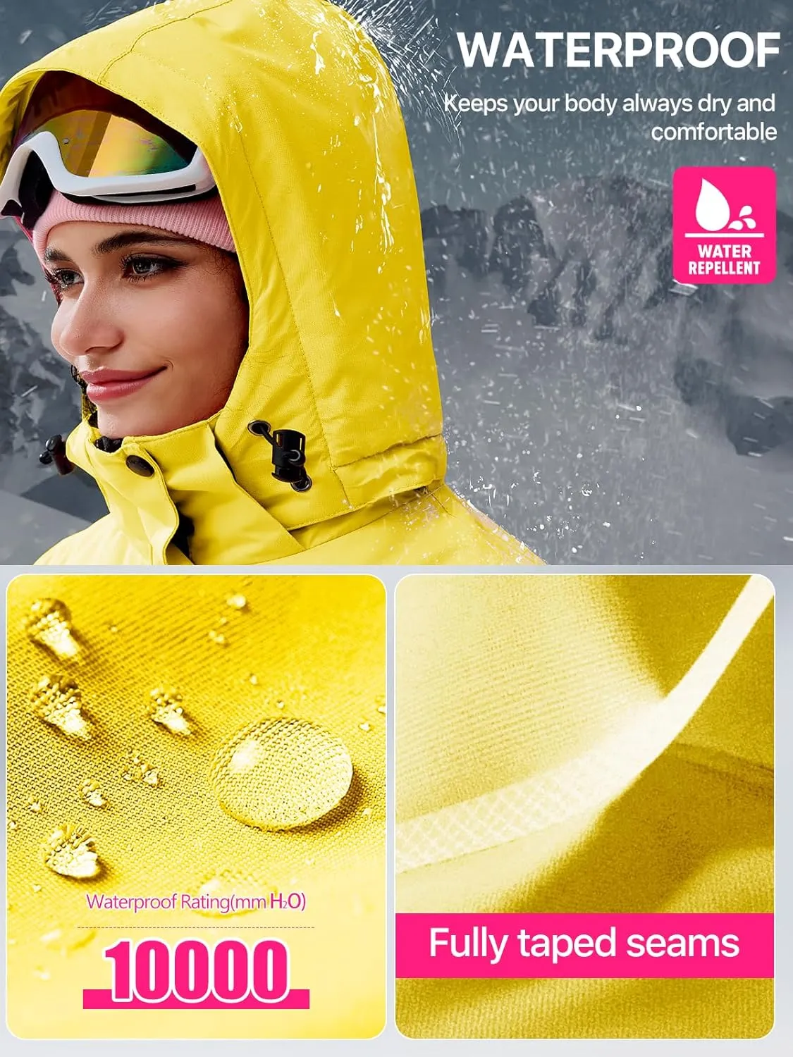 FREE SOLDIER Women's Waterproof Ski Snow Jacket Fleece Lined Warm Winter Rain Jacket with Hood Fully Taped Seams