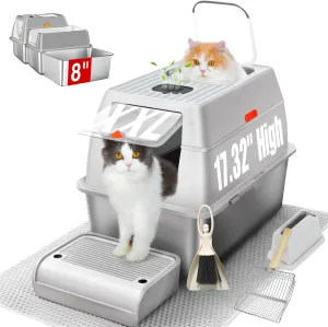 Fully Enclosed Stainless Steel Litter Box with Lid, 8” Deep Pan, XXL Large Stainless Steel Cat Litter Box for Big Cat with Scoop, Step Board, Mat, Brush, Odor-Free, Anti-Leak, Non-Stick (Light Gray)