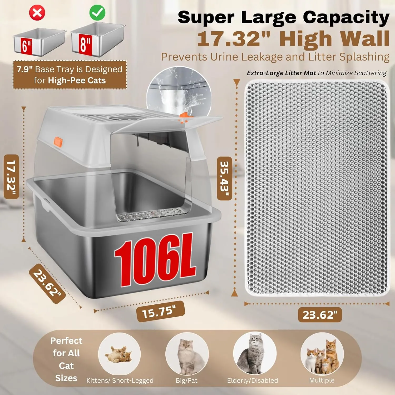 Fully Enclosed Stainless Steel Litter Box with Lid, 8” Deep Pan, XXL Large Stainless Steel Cat Litter Box for Big Cat with Scoop, Step Board, Mat, Brush, Odor-Free, Anti-Leak, Non-Stick (Light Gray)