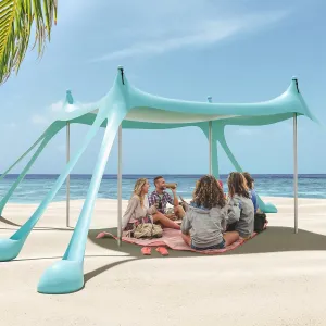 Gardentime Beach Tent Canopy with 8 Sandbags 4 Aluminum Poles, Pop Up Portable Camping Sun Shelter, Easy Set Up with 2 Sand Shovel, Ground Pegs, Carrying Bag for Outdoor Beach,Picnic, Fishing