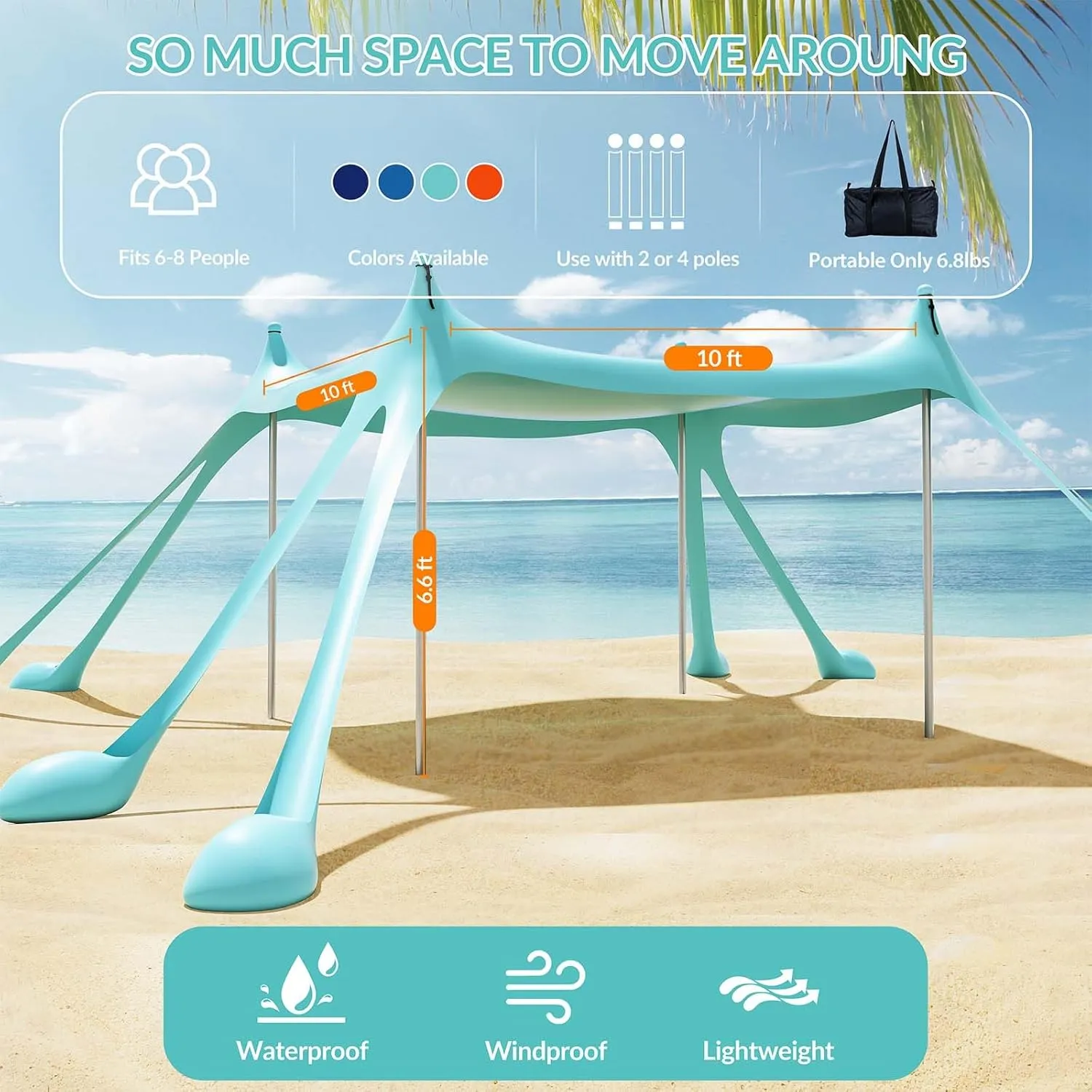 Gardentime Beach Tent Canopy with 8 Sandbags 4 Aluminum Poles, Pop Up Portable Camping Sun Shelter, Easy Set Up with 2 Sand Shovel, Ground Pegs, Carrying Bag for Outdoor Beach,Picnic, Fishing