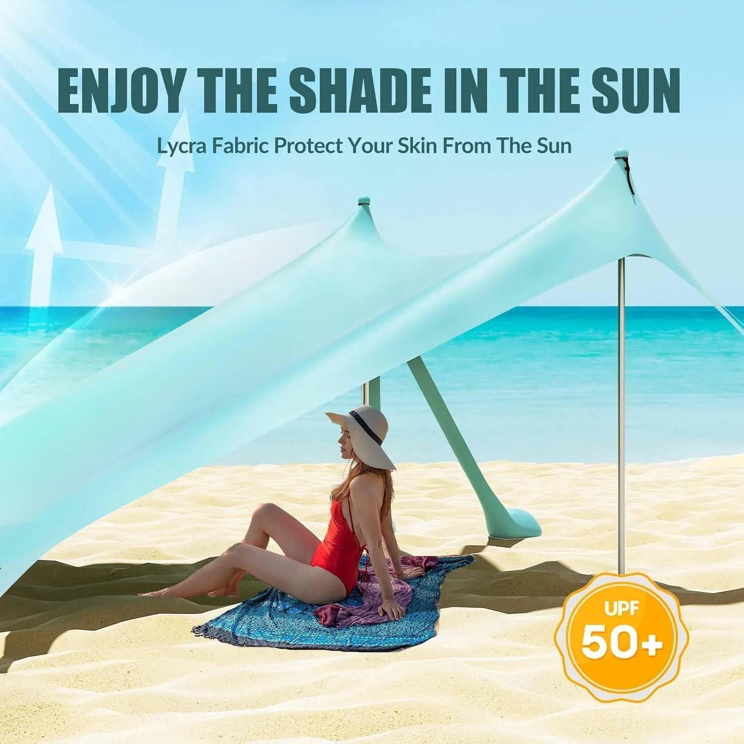 Gardentime Beach Tent Canopy with 8 Sandbags 4 Aluminum Poles, Pop Up Portable Camping Sun Shelter, Easy Set Up with 2 Sand Shovel, Ground Pegs, Carrying Bag for Outdoor Beach,Picnic, Fishing