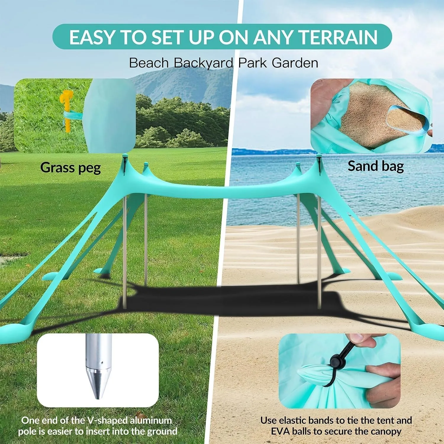 Gardentime Beach Tent Canopy with 8 Sandbags 4 Aluminum Poles, Pop Up Portable Camping Sun Shelter, Easy Set Up with 2 Sand Shovel, Ground Pegs, Carrying Bag for Outdoor Beach,Picnic, Fishing
